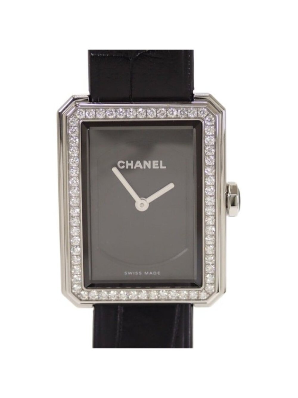 Chanel Boyfriend Watch Diamond Stainless Steel Leather Quartz Black Dial